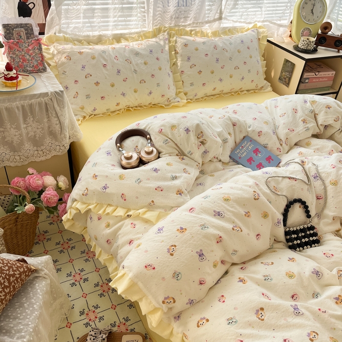 91家纺网 家纺一手货源 找家纺 优承佳生活馆 2025新款双层纱印花花边款四件套（提供买家秀） 动物派对-花边款