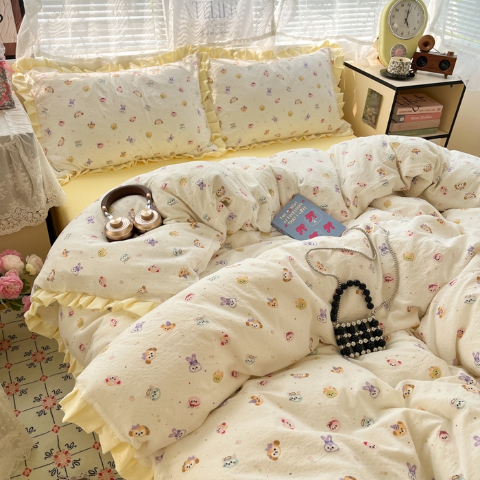 91家纺网 家纺一手货源 找家纺 优承佳生活馆 2025新款双层纱印花花边款四件套（提供买家秀） 动物派对-花边款