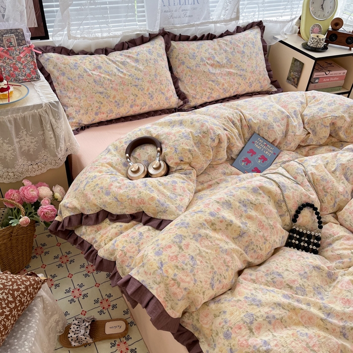 优承佳生活馆 2025新款双层纱印花花边款四件套（提供买家秀） 繁梦蔷薇园-花边款