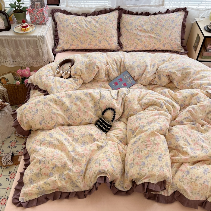 91家纺网 家纺一手货源 找家纺 优承佳生活馆 2025新款双层纱印花花边款四件套（提供买家秀） 繁梦蔷薇园-花边款