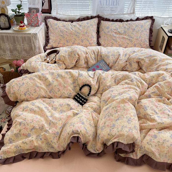 91家纺网 家纺一手货源 找家纺 优承佳生活馆 2025新款双层纱印花花边款四件套（提供买家秀） 繁梦蔷薇园-花边款