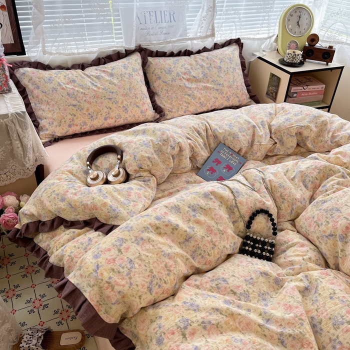 91家纺网 家纺一手货源 找家纺 优承佳生活馆 2025新款双层纱印花花边款四件套（提供买家秀） 繁梦蔷薇园-花边款