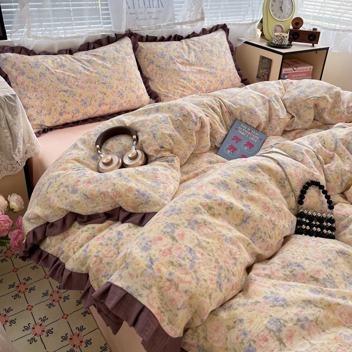 91家纺网 家纺一手货源 找家纺 优承佳生活馆 2025新款双层纱印花花边款四件套（提供买家秀） 繁梦蔷薇园-花边款