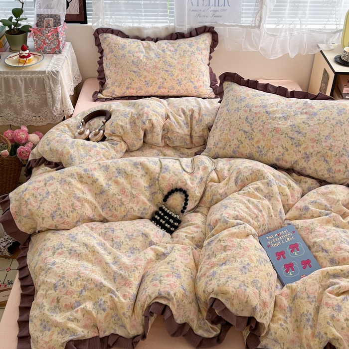 91家纺网 家纺一手货源 找家纺 优承佳生活馆 2025新款双层纱印花花边款四件套（提供买家秀） 繁梦蔷薇园-花边款