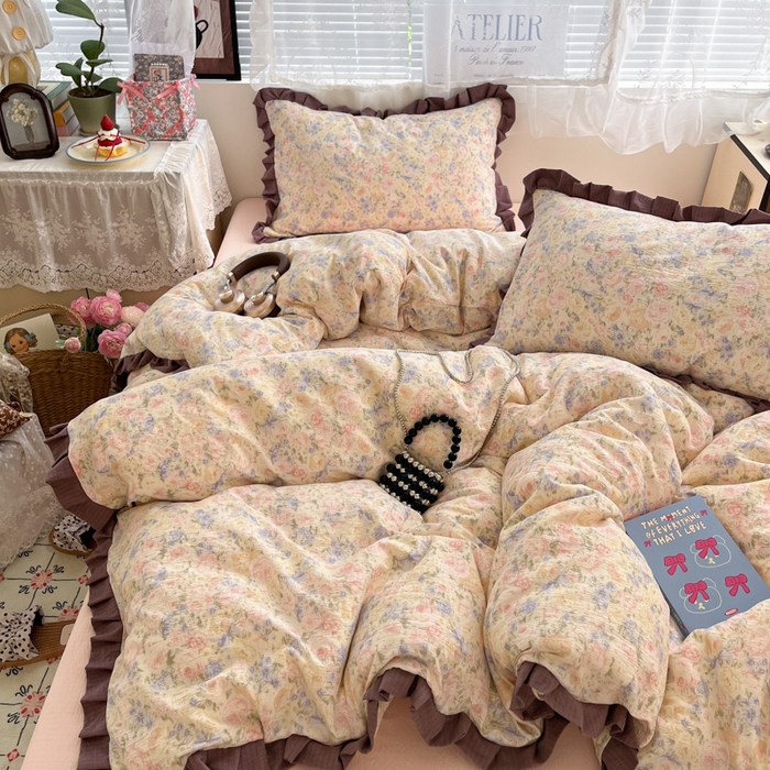 91家纺网 家纺一手货源 找家纺 优承佳生活馆 2025新款双层纱印花花边款四件套（提供买家秀） 繁梦蔷薇园-花边款