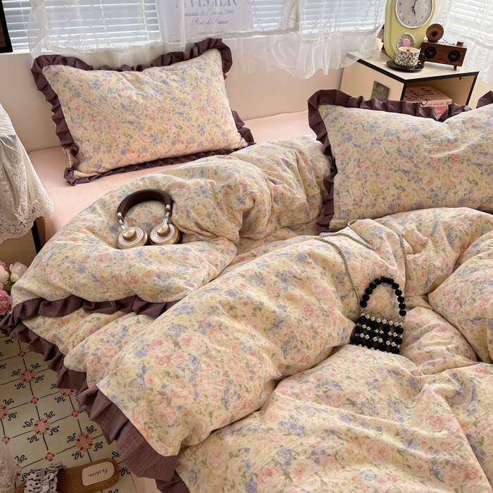 91家纺网 家纺一手货源 找家纺 优承佳生活馆 2025新款双层纱印花花边款四件套（提供买家秀） 繁梦蔷薇园-花边款