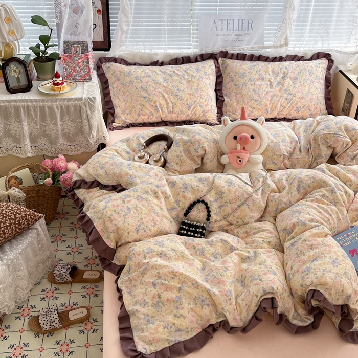 91家纺网 家纺一手货源 找家纺 优承佳生活馆 2025新款双层纱印花花边款四件套（提供买家秀） 繁梦蔷薇园-花边款