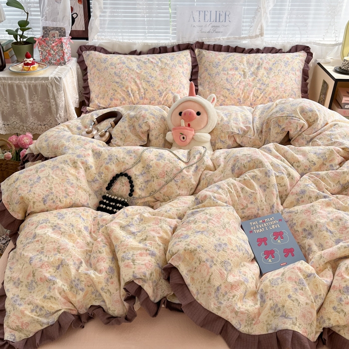 91家纺网 家纺一手货源 找家纺 优承佳生活馆 2025新款双层纱印花花边款四件套（提供买家秀） 繁梦蔷薇园-花边款