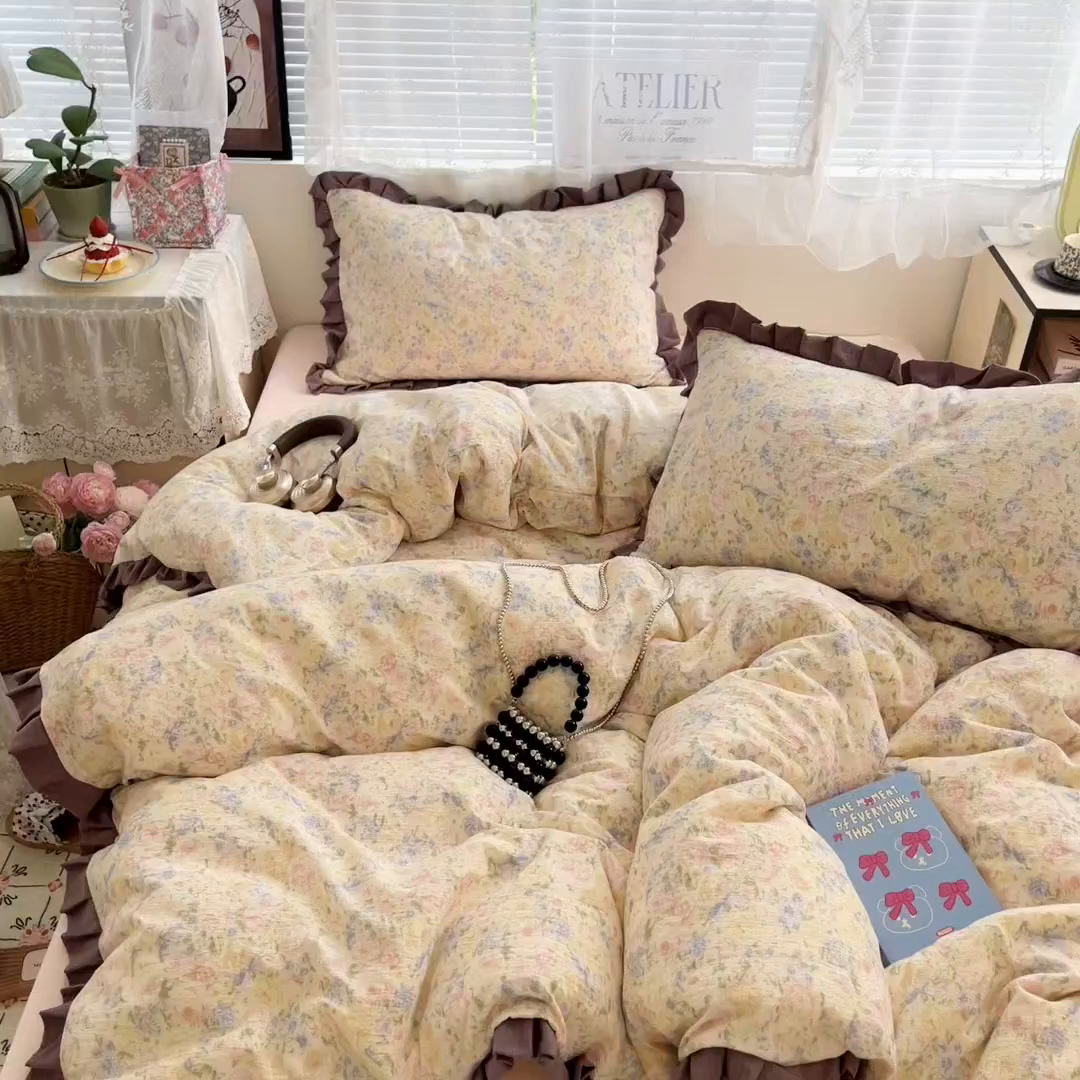 91家纺网 家纺一手货源 找家纺 优承佳生活馆 2025新款双层纱印花花边款四件套（提供买家秀） 繁梦蔷薇园-花边款