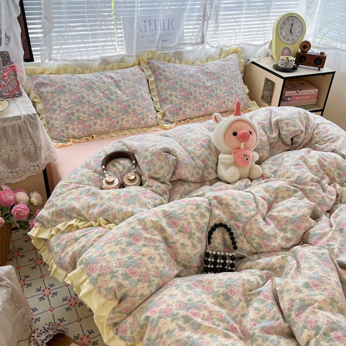 优承佳生活馆 2025新款双层纱印花花边款四件套（提供买家秀） 花影织梦-花边款