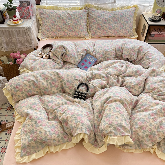 91家纺网 家纺一手货源 找家纺 优承佳生活馆 2025新款双层纱印花花边款四件套（提供买家秀） 花影织梦-花边款