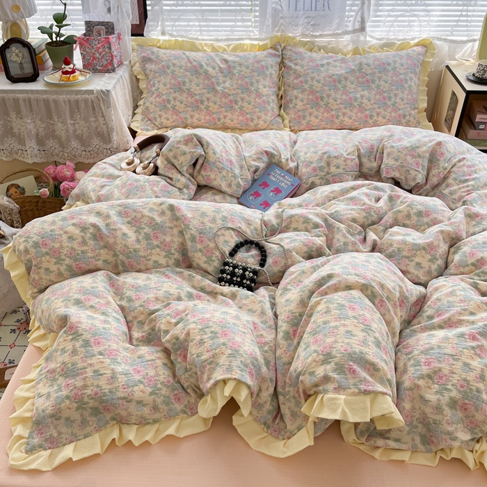 91家纺网 家纺一手货源 找家纺 优承佳生活馆 2025新款双层纱印花花边款四件套（提供买家秀） 花影织梦-花边款