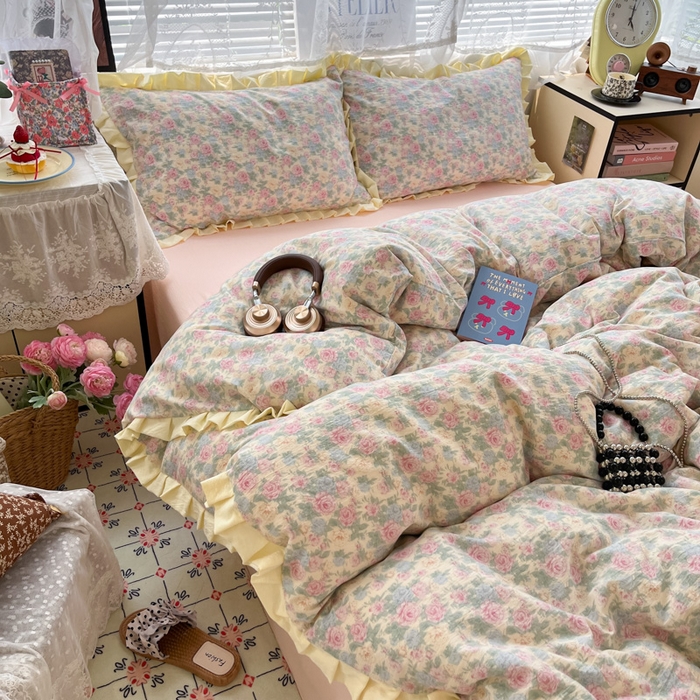 91家纺网 家纺一手货源 找家纺 优承佳生活馆 2025新款双层纱印花花边款四件套（提供买家秀） 花影织梦-花边款