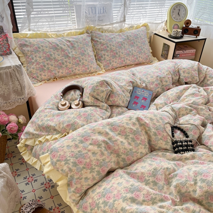 91家纺网 家纺一手货源 找家纺 优承佳生活馆 2025新款双层纱印花花边款四件套（提供买家秀） 花影织梦-花边款