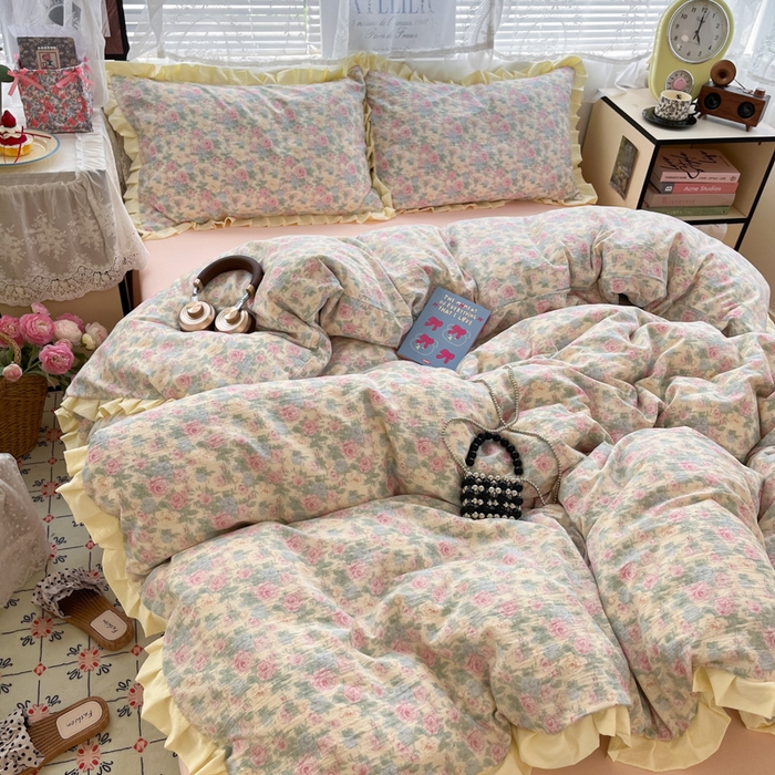 91家纺网 家纺一手货源 找家纺 优承佳生活馆 2025新款双层纱印花花边款四件套（提供买家秀） 花影织梦-花边款