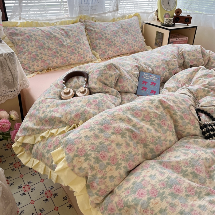 91家纺网 家纺一手货源 找家纺 优承佳生活馆 2025新款双层纱印花花边款四件套（提供买家秀） 花影织梦-花边款