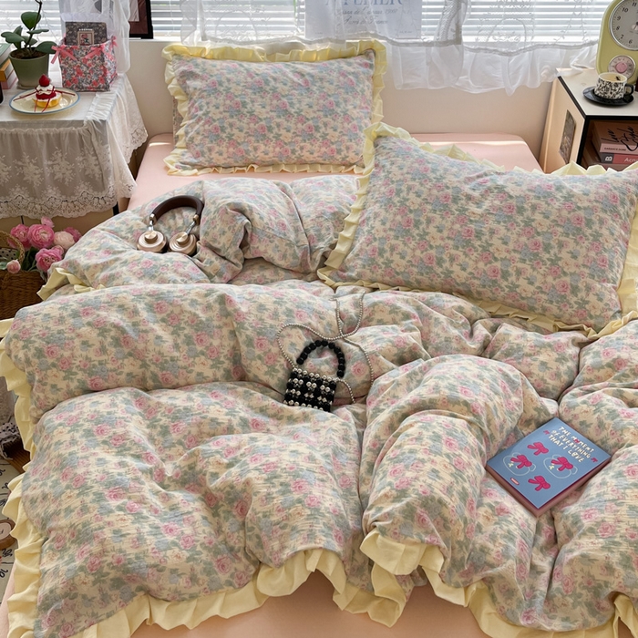 91家纺网 家纺一手货源 找家纺 优承佳生活馆 2025新款双层纱印花花边款四件套（提供买家秀） 花影织梦-花边款