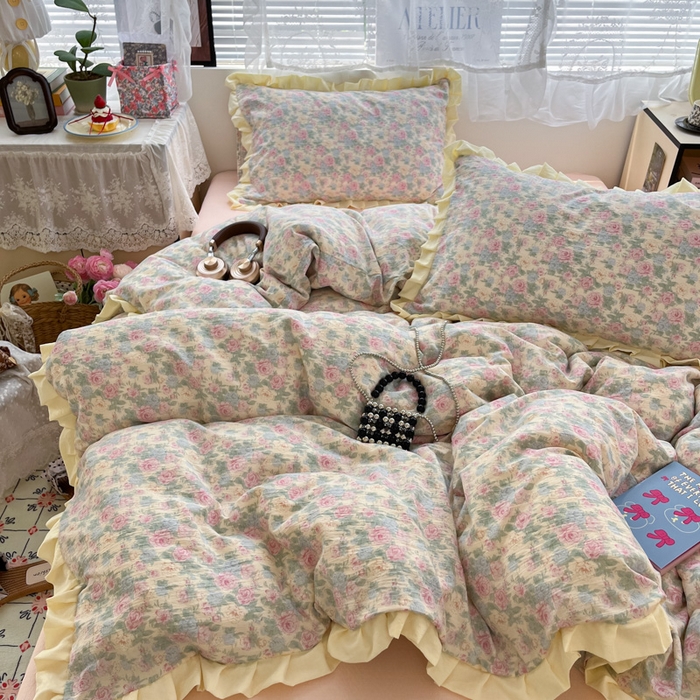 91家纺网 家纺一手货源 找家纺 优承佳生活馆 2025新款双层纱印花花边款四件套（提供买家秀） 花影织梦-花边款