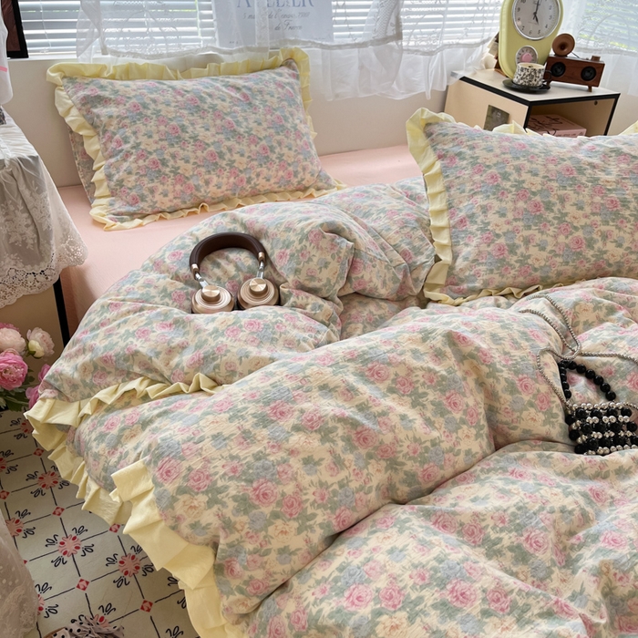 91家纺网 家纺一手货源 找家纺 优承佳生活馆 2025新款双层纱印花花边款四件套（提供买家秀） 花影织梦-花边款