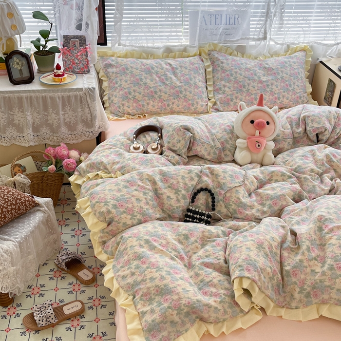 91家纺网 家纺一手货源 找家纺 优承佳生活馆 2025新款双层纱印花花边款四件套（提供买家秀） 花影织梦-花边款