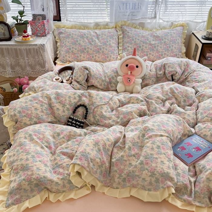 91家纺网 家纺一手货源 找家纺 优承佳生活馆 2025新款双层纱印花花边款四件套（提供买家秀） 花影织梦-花边款