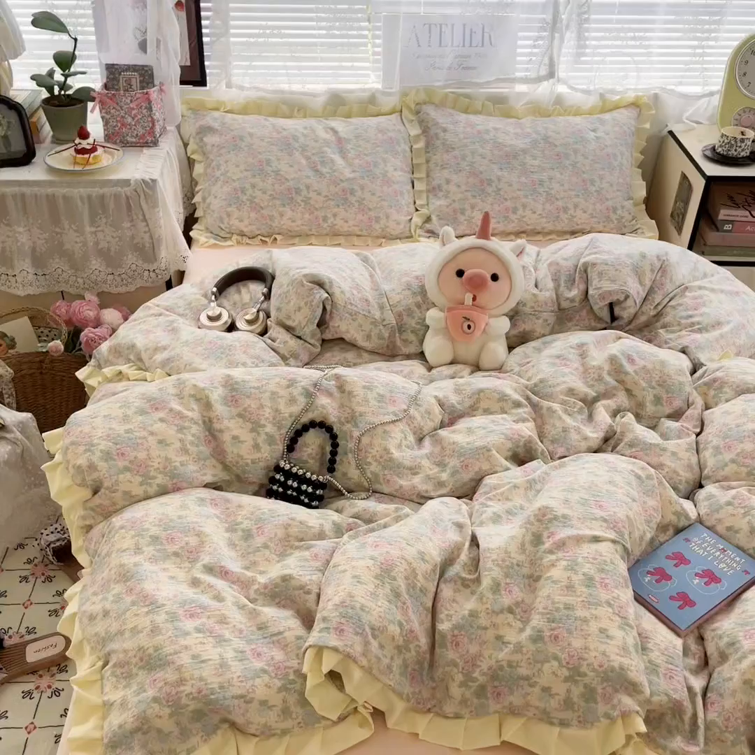 91家纺网 家纺一手货源 找家纺 优承佳生活馆 2025新款双层纱印花花边款四件套（提供买家秀） 花影织梦-花边款