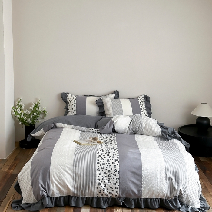 91家纺网 家纺一手货源 找家纺 旷野202新款全棉色织‮洗水‬棉四件套 安妮森林-山茶黑