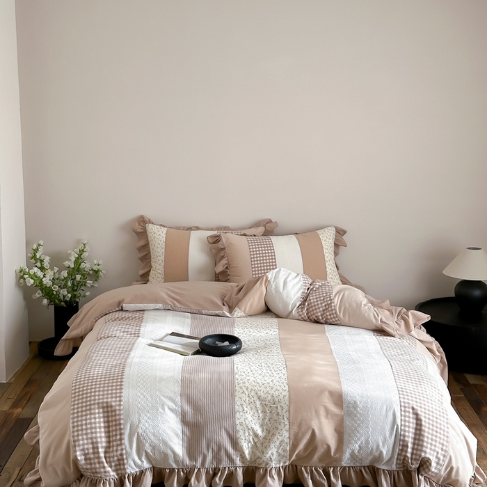 91家纺网 家纺一手货源 找家纺 旷野202新款全棉色织‮洗水‬棉四件套 安妮森林-杏仁咖