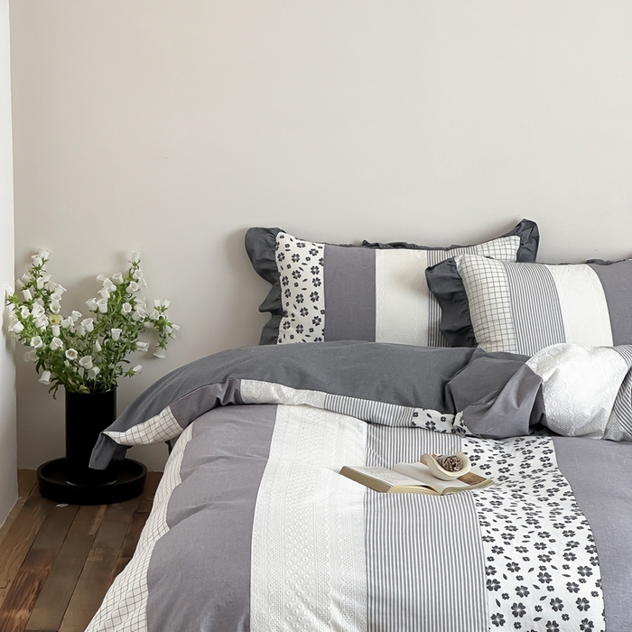 91家纺网 家纺一手货源 找家纺 旷野202新款全棉色织‮洗水‬棉四件套 安妮森林-山茶黑