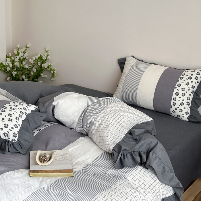 91家纺网 家纺一手货源 找家纺 旷野202新款全棉色织‮洗水‬棉四件套 安妮森林-山茶黑