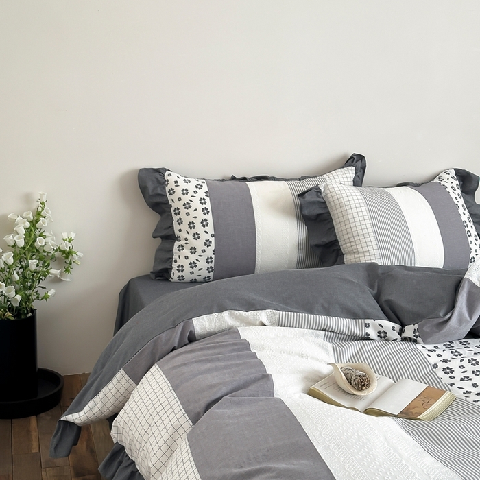 91家纺网 家纺一手货源 找家纺 旷野202新款全棉色织‮洗水‬棉四件套 安妮森林-山茶黑