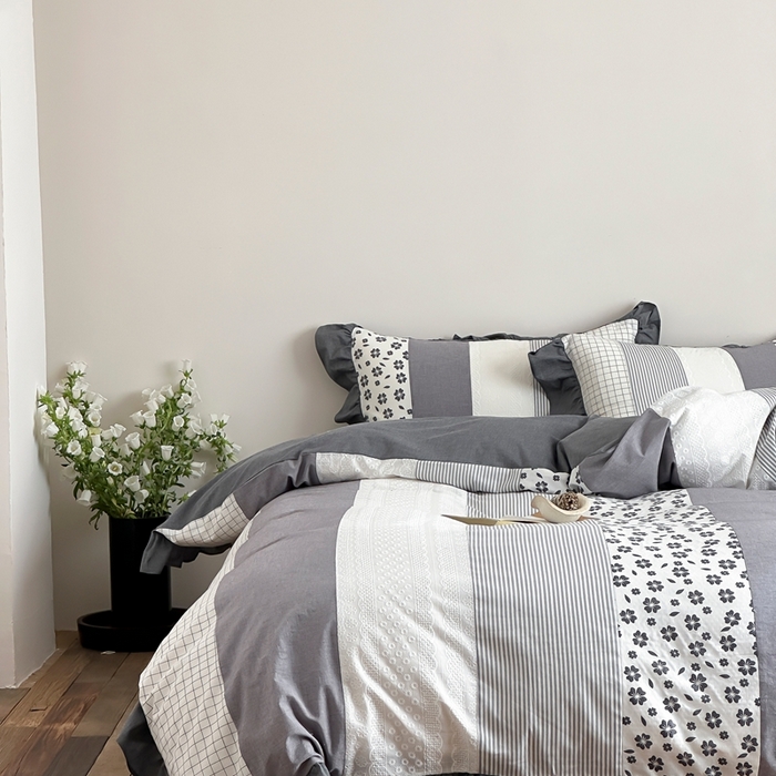 91家纺网 家纺一手货源 找家纺 旷野202新款全棉色织‮洗水‬棉四件套 安妮森林-山茶黑