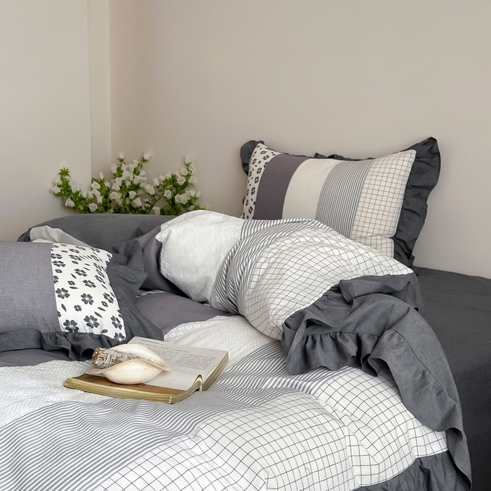 91家纺网 家纺一手货源 找家纺 旷野202新款全棉色织‮洗水‬棉四件套 安妮森林-山茶黑