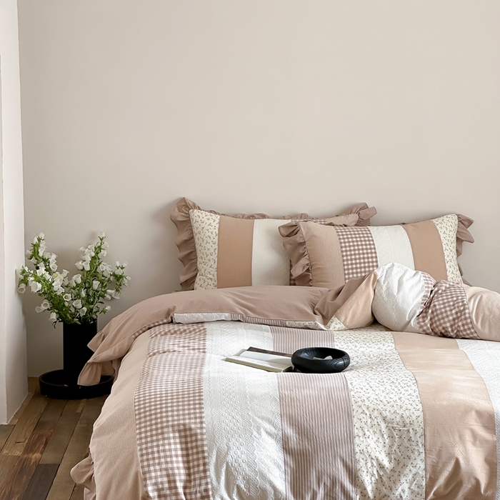 91家纺网 家纺一手货源 找家纺 旷野202新款全棉色织‮洗水‬棉四件套 安妮森林-杏仁咖