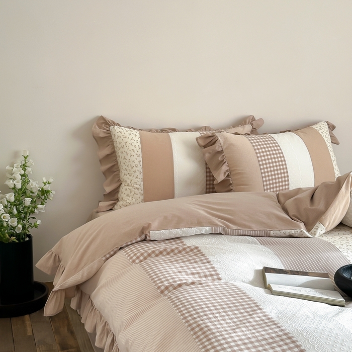 91家纺网 家纺一手货源 找家纺 旷野202新款全棉色织‮洗水‬棉四件套 安妮森林-杏仁咖