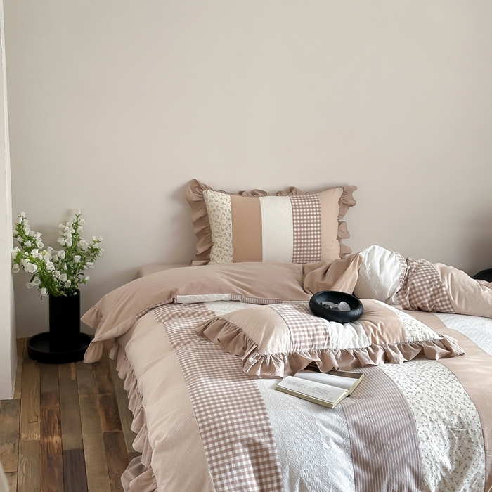 91家纺网 家纺一手货源 找家纺 旷野202新款全棉色织‮洗水‬棉四件套 安妮森林-杏仁咖