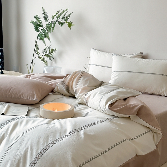 91家纺网 家纺一手货源 找家纺 旷野2025新款全棉A类色织提花四件套 邂逅-杏仁咖