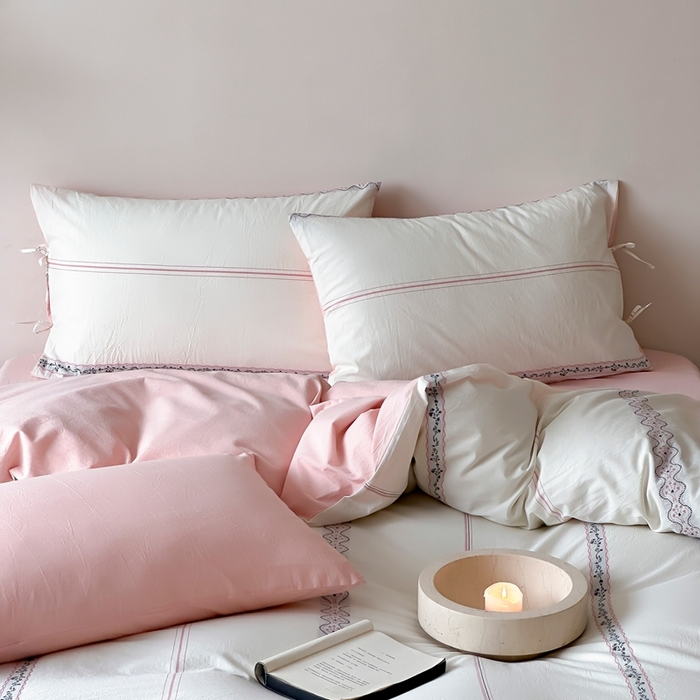 91家纺网 家纺一手货源 找家纺 旷野2025新款全棉A类色织提花四件套 邂逅-樱花粉