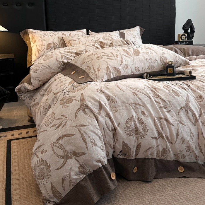 91家纺网 家纺一手货源 找家纺 梦舒羽 2025新款原麻纽扣四件套加厚被套床单宿舍双人床仿亚麻套件 向阳花开