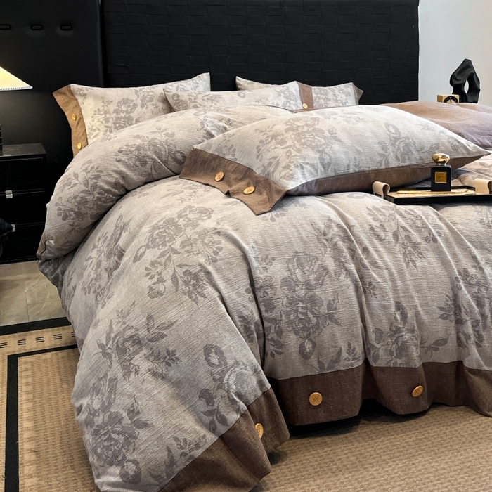 91家纺网 家纺一手货源 找家纺 梦舒羽 2025新款原麻纽扣四件套加厚被套床单宿舍双人床仿亚麻套件 古堡花园-咖