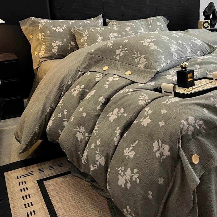 91家纺网 家纺一手货源 找家纺 梦舒羽 2025新款原麻纽扣四件套加厚被套床单宿舍双人床仿亚麻套件 曼妙花园