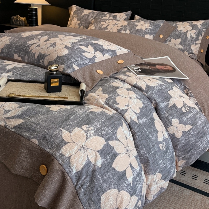 91家纺网 家纺一手货源 找家纺 梦舒羽 2025新款原麻纽扣四件套加厚被套床单宿舍双人床仿亚麻套件 陌上花开-咖