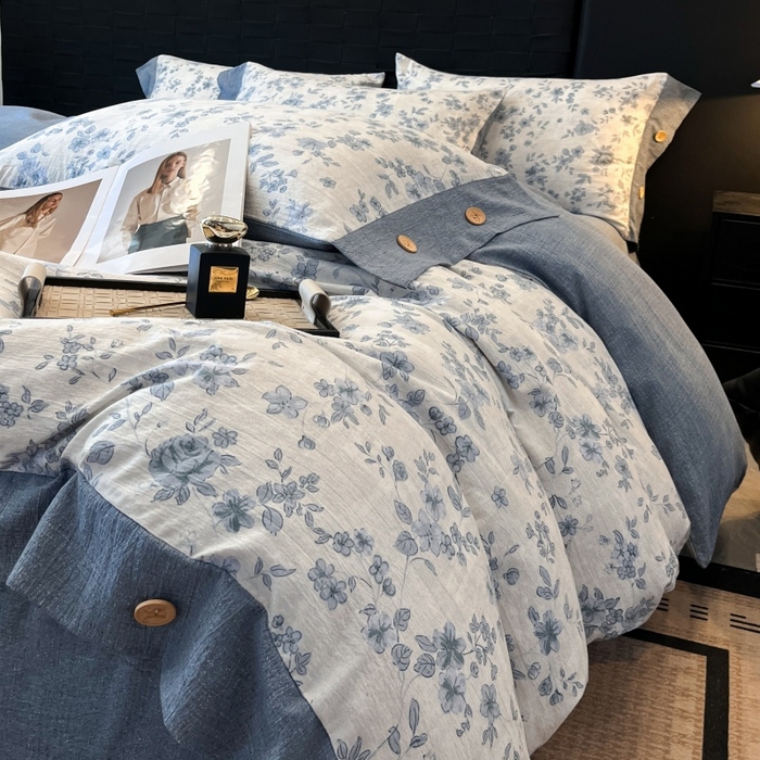 91家纺网 家纺一手货源 找家纺 梦舒羽 2025新款原麻纽扣四件套加厚被套床单宿舍双人床仿亚麻套件 南阳旧梦