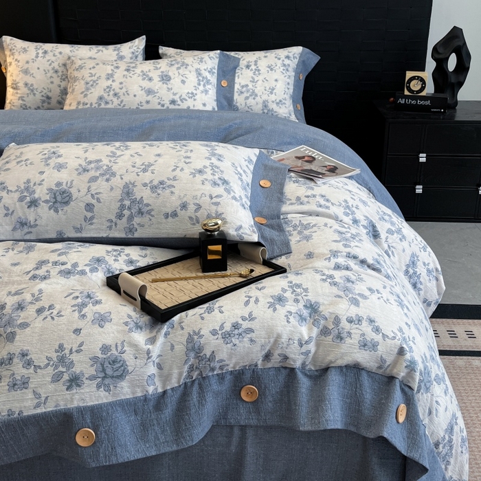 91家纺网 家纺一手货源 找家纺 梦舒羽 2025新款原麻纽扣四件套加厚被套床单宿舍双人床仿亚麻套件 南阳旧梦