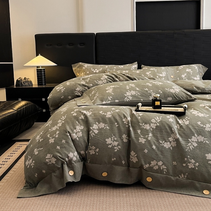 91家纺网 家纺一手货源 找家纺 梦舒羽 2025新款原麻纽扣四件套加厚被套床单宿舍双人床仿亚麻套件 曼妙花园