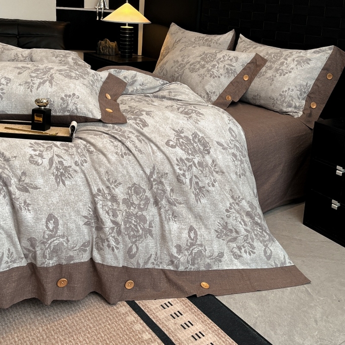 91家纺网 家纺一手货源 找家纺 梦舒羽 2025新款原麻纽扣四件套加厚被套床单宿舍双人床仿亚麻套件 古堡花园-咖