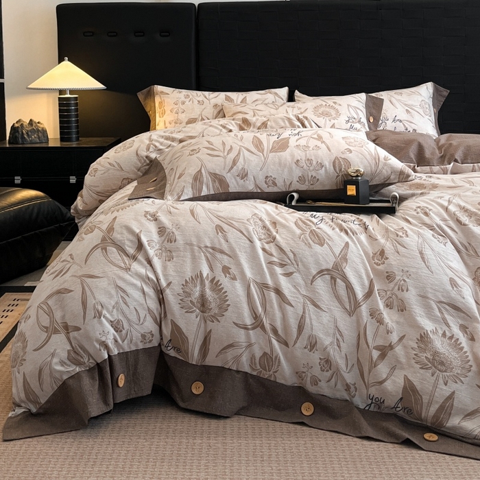 91家纺网 家纺一手货源 找家纺 梦舒羽 2025新款原麻纽扣四件套加厚被套床单宿舍双人床仿亚麻套件 向阳花开