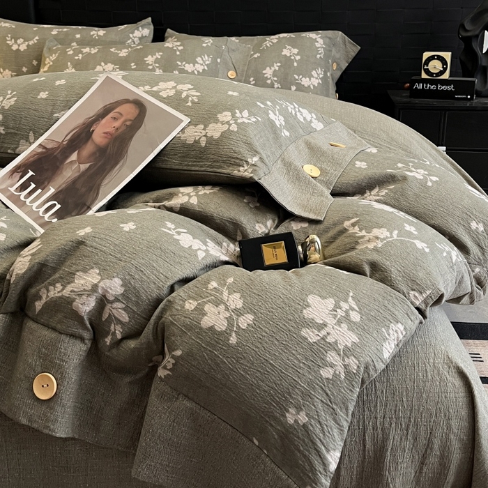 91家纺网 家纺一手货源 找家纺 梦舒羽 2025新款原麻纽扣四件套加厚被套床单宿舍双人床仿亚麻套件 曼妙花园