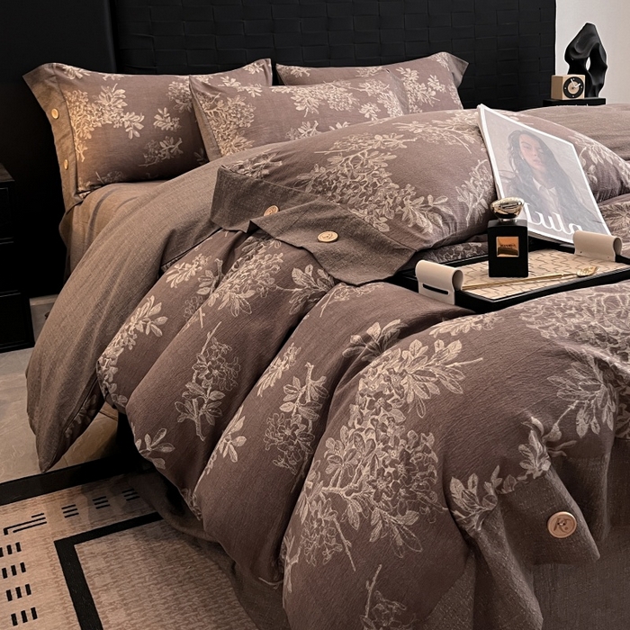 91家纺网 家纺一手货源 找家纺 梦舒羽 2025新款原麻纽扣四件套加厚被套床单宿舍双人床仿亚麻套件 秋意浓