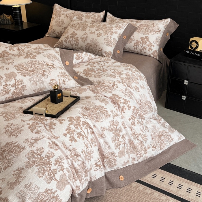 91家纺网 家纺一手货源 找家纺 梦舒羽 2025新款原麻纽扣四件套加厚被套床单宿舍双人床仿亚麻套件 水木年华